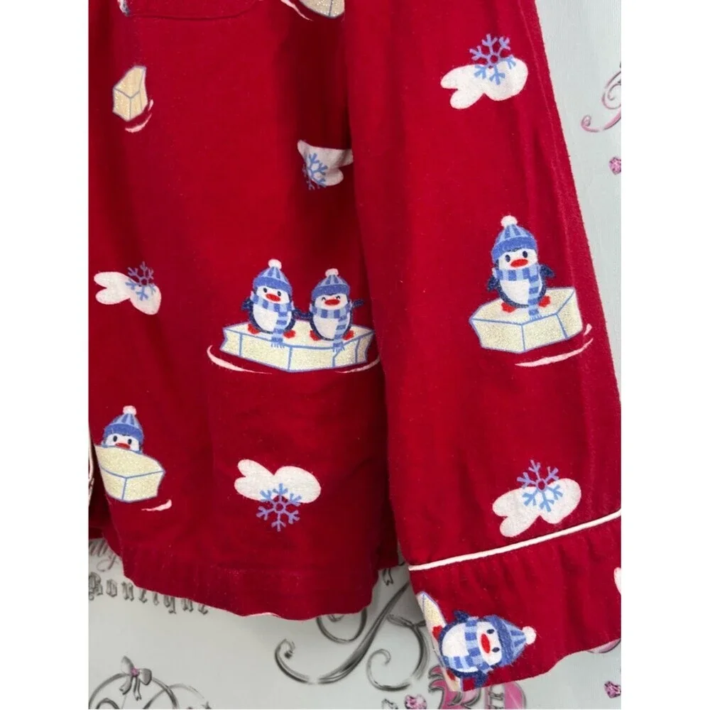 La SENZA shirt sparkly y2k button up Red Pajama Top with Penguin & Butter Print